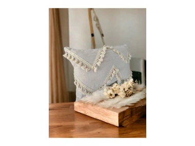 Özel Tasarım Çapraz Ponpon Tekli Keten Krem Kırlent Kılıfı(35X55)