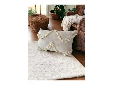 Özel Tasarım Çapraz Ponpon Tekli Keten Krem Kırlent Kılıfı(35X55)