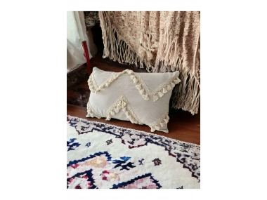 Özel Tasarım Çapraz Ponpon Tekli Keten Krem Kırlent Kılıfı(35X55)