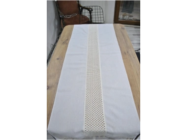 Özel Tasarım Ham Keten Krem Ara Dantelli Ve Ponponlu Runner 45 X 150
