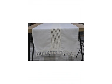 Özel Tasarım Ham Keten Krem Ara Dantelli Ve Ponponlu Runner 45 X 150