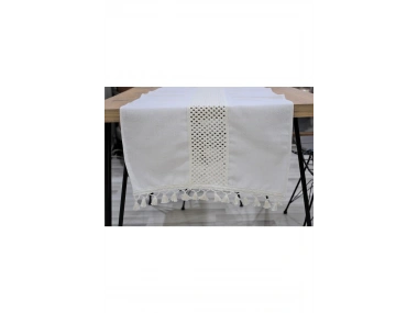 Özel Tasarım Ham Keten Krem Ara Dantelli Ve Ponponlu Runner 45 X 150