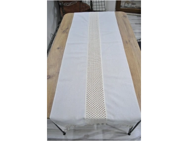 Özel Tasarım Ham Keten Krem Ara Dantelli Ve Ponponlu Runner 45 X 150