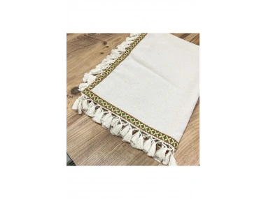 Özel Tasarım Ham Keten Krem Ponponlu Ve Şeritli Runner Masa Örtüsü