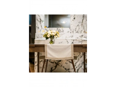 Özel Tasarım Organik Keten Krem Kum Rengi Dantelli Runner Masa Örtüsü 45 X 150