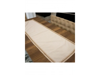Özel Tasarım Organik Keten Krem Kum Rengi Dantelli Runner Masa Örtüsü 45 X 150