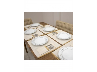 Keten Sarı Dokuma Şeritli 6lı Amerikan Servis Seti Kaşıklık Hediyeli 35x55