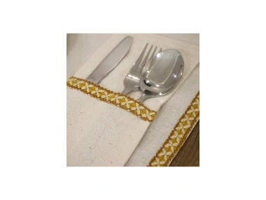 Keten Sarı Dokuma Şeritli 6lı Amerikan Servis Seti Kaşıklık Hediyeli 35x55