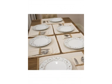 Keten 6lı Yeşil Dokuma Şeritli Amerikan Servis Seti Kaşıklık Hediyeli 35 X 55