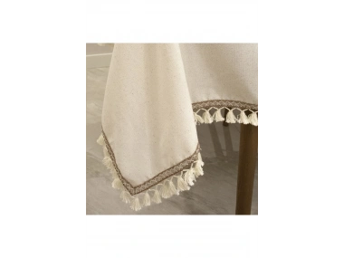Ham Keten Organik Krem Kahverengi Şeritli Ponponlu Masa Örtüsü
