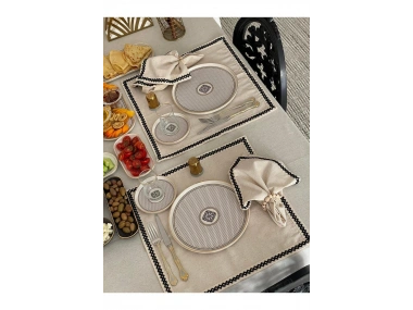 Organik Ham Keten Siyah Şeritli 6lı Ahşap Toka Hediyeli Peçete Takımı