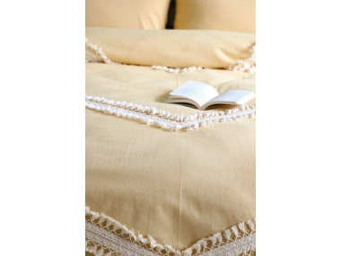 Sarı Renkli Pamuk Çift Ponponlu Tek Kişilik Nevresim Takımı(YEDEK YASTIKLI)