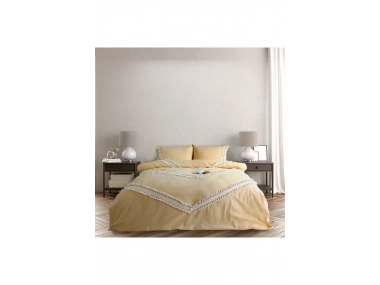 Sarı Renkli Pamuk Çift Ponponlu Tek Kişilik Nevresim Takımı(YEDEK YASTIKLI)