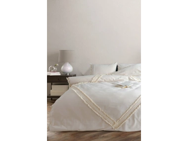 Ham Keten Baklava Desen Ponponlu Çift Kişilik Nevresim Takımı