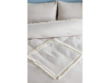 Bej Pamuk Keten Ikili Baklava Desen Ponponlu Çift Kişilik Nevresim Takımı