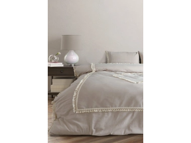 Bej Pamuk Keten Ikili Baklava Desen Ponponlu Tek Kişilik Nevresim Takımı(YEDEK YASTIKLI)