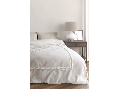 Bej Pamuk Keten Ikili Baklava Desen Ponponlu Tek Kişilik Nevresim Takımı(YEDEK YASTIKLI)