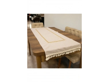 Keten Bej Renk Jüt Dantel Ponponlu Runner 50 X 150