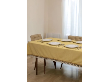 Sarı Pamuk Keten Kahverengi Şerit Ponponlu Masa Örtüsü