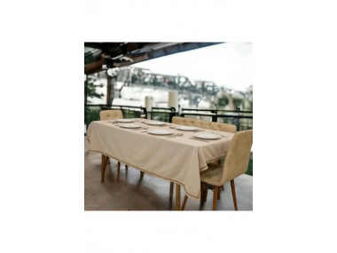 Bej Pamuk Keten Jüt Dantelli Masa Örtüsü