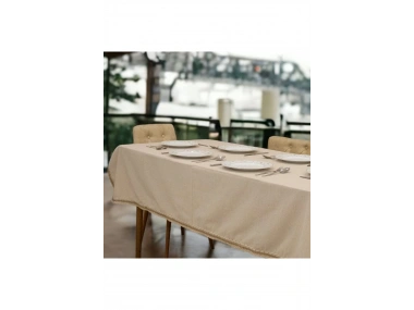 Bej Pamuk Keten Jüt Dantelli Masa Örtüsü