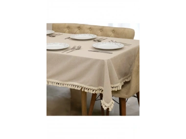 Bej Pamuk Keten Ponponlu Masa Örtüsü