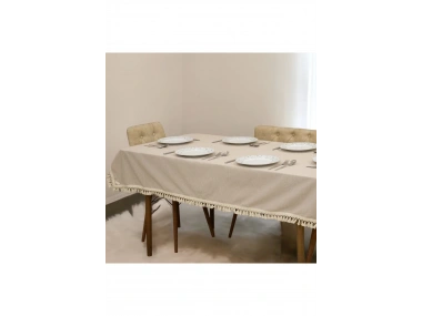 Bej Pamuk Keten Ponponlu Masa Örtüsü