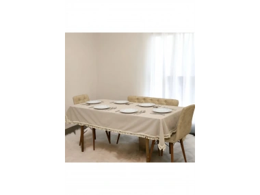 Bej Pamuk Keten Ponponlu Masa Örtüsü
