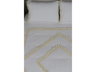 Beyaz Pamuk Keten Tek Kişilik Mozaik Ponponlu (yedek Yastıklı) Nevresim Takımı