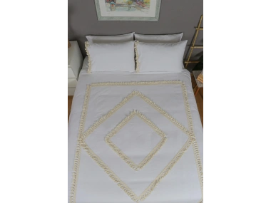 Beyaz Pamuk Keten Tek Kişilik Mozaik Ponponlu (yedek Yastıklı) Nevresim Takımı