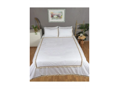 Beyaz Ponponlu %100 Pamuk Çift Kişilik Nevresim Takımı