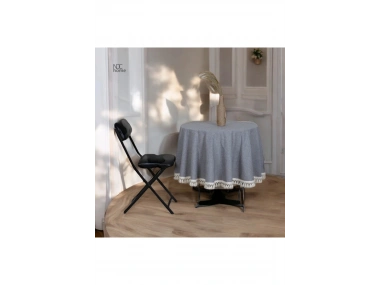 Gri Antrasit Keten Yuvarlak Masa Örtüsü (ham Ponponlu)