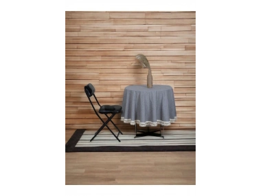 Gri Antrasit Keten Yuvarlak Masa Örtüsü (ham Ponponlu)