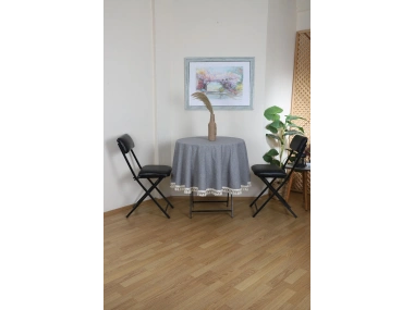 Gri Antrasit Keten Yuvarlak Masa Örtüsü (ham Ponponlu)