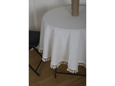 Beyaz Pamuk Keten Yuvarlak Ham Ponponlu Masa Örtüsü