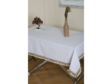 Beyaz Pamuk Keten Şerit Ponponlu Masa Örtüsü