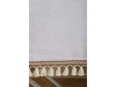 Beyaz Pamuk Keten Şerit Ponponlu Masa Örtüsü