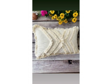Çoklu Püsküllü Krem Keten Kırlent Kırlent Kılıfı (35 x 55)
