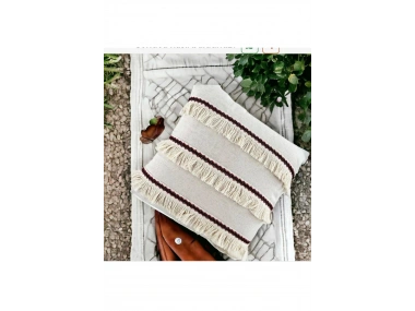 Üç Püsküllü Keten Krem Kırlent Kırlent Kılıfı (35 x 55)