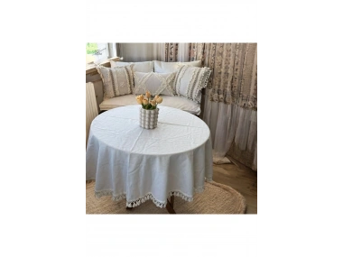 YUVARLAK Ham Keten Krem Ponponlu Masa Örtüsü
