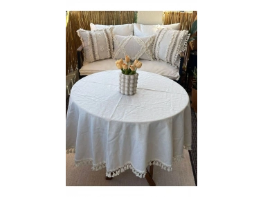 YUVARLAK Ham Keten Krem Ponponlu Masa Örtüsü