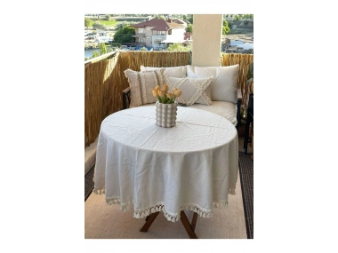YUVARLAK Ham Keten Krem Ponponlu Masa Örtüsü