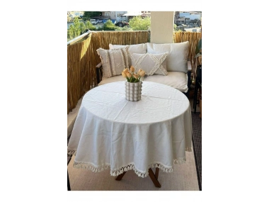 YUVARLAK Ham Keten Krem Ponponlu Masa Örtüsü