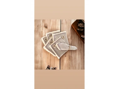 6LI Bej Keten Püsküllü (AHŞAP TOKA HEDİYELİ) Peçete takımı