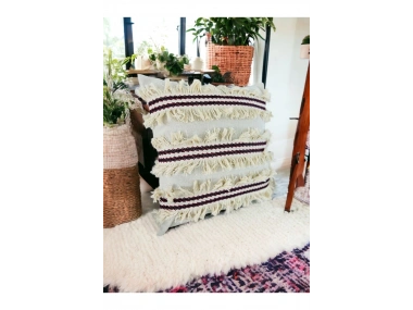 3Püsküllü Ara Desenli Keten Krem Kırlent Kırlent Kılıfı