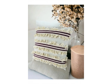 3Püsküllü Ara Desenli Keten Krem Kırlent Kırlent Kılıfı