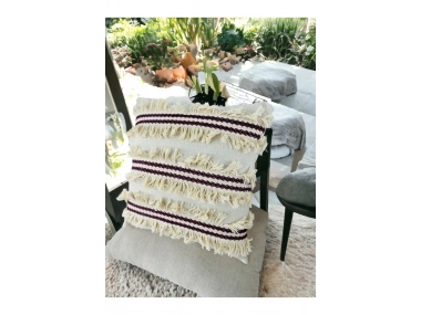 3Püsküllü Ara Desenli Keten Krem Kırlent Kırlent Kılıfı