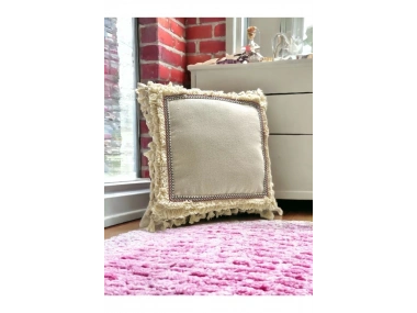 Dört Kenar Püsküllü Keten Krem Kırlent Kırlent Kılıfı43x43][