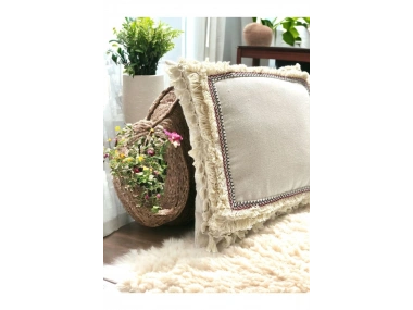 Dört Kenar Püsküllü Keten Krem Kırlent Kırlent Kılıfı43x43][