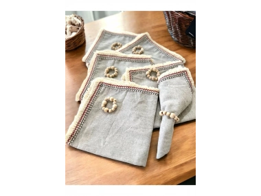 6LI Gri Keten Mini Püsküllü [Ahşap Toka Hediyeli] Peçete Takımı